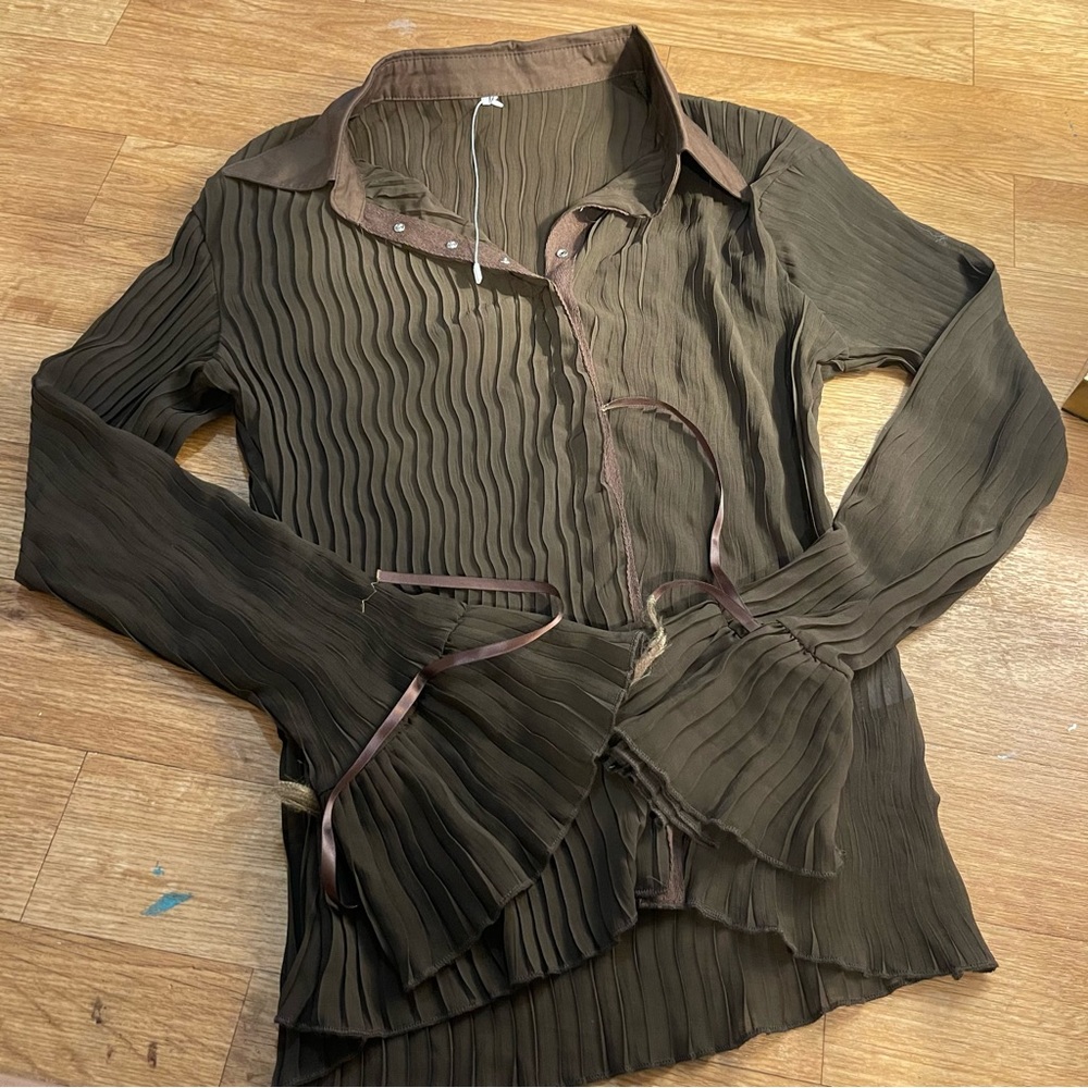 Brown coffee colored mesh bell sleeve button up shirt